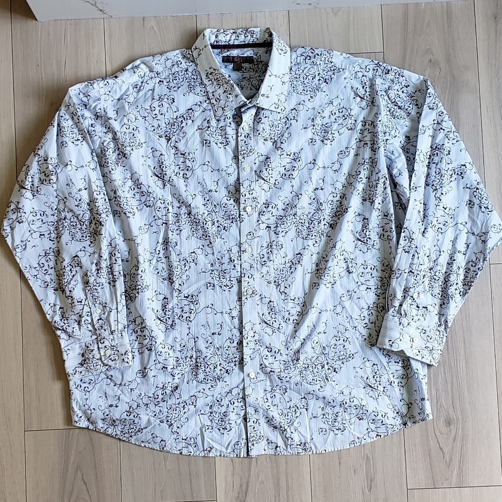 Blue Pronto Uomo Button Down Shirt Mens 4X Blue Brown Scroll Print Cotton Casual
